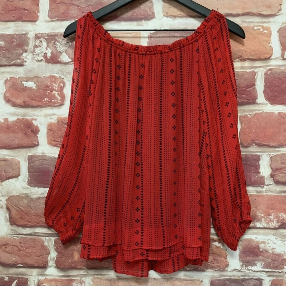 ANTHROPOLOGIE SANCTUARY RED & BLACK POLKA DOT STRIPED SLIT SLEEVE BLOUSE